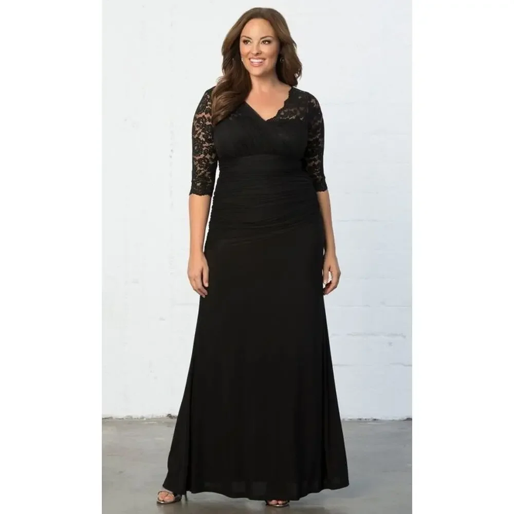 Kiyonna Party Maxi Dress Soiree Style Black Lace Formal Size 12 Lined MOB Party